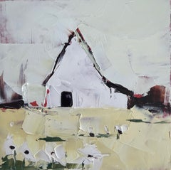« White Light » - Peinture à l'huile contemporaine représentant un paysage avec une grange blanche, 2026
