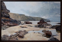 «Entre las rocas y los reflejos» - Pintura al óleo contemporánea de una playa, 2026