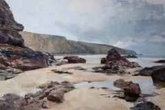«Entre las rocas y los reflejos» - Pintura al óleo contemporánea de una playa, 2026