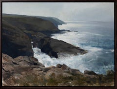 «Una bruma lejana» - Pintura al óleo contemporánea de un paisaje marino con acantilados de Cornualles, 2026