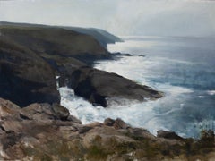 «Una bruma lejana» - Pintura al óleo contemporánea de un paisaje marino con acantilados de Cornualles, 2026