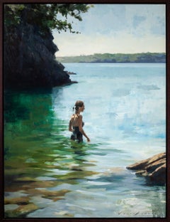 « Entre mer et ciel » - Peinture à l'huile figurative contemporaine représentant un nageur, 2026