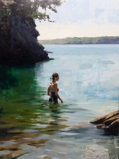 « Entre mer et ciel » - Peinture à l'huile figurative contemporaine représentant un nageur, 2026