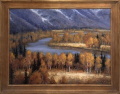 "Colori che cambiano" - Dipinto a olio contemporaneo raffigurante una valle fluviale in autunno, 2026