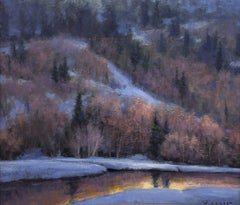 "Quando il fiume parla" - Dipinto a olio contemporaneo raffigurante un paesaggio fluviale invernale, 2026