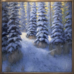 "La coltre dell'inverno" - Dipinto a olio contemporaneo raffigurante un paesaggio di foresta innevata, 2023