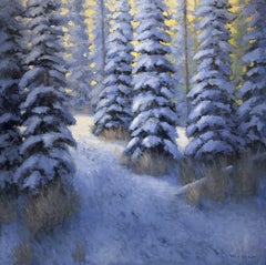 "La coltre dell'inverno" - Dipinto a olio contemporaneo raffigurante un paesaggio di foresta innevata, 2023