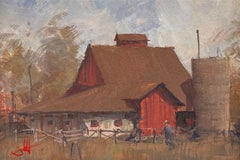 „Red Sentinel“ – Zeitgenössisches Gouache-Gemälde einer roten Scheune und eines Silos in Colorado, 2019