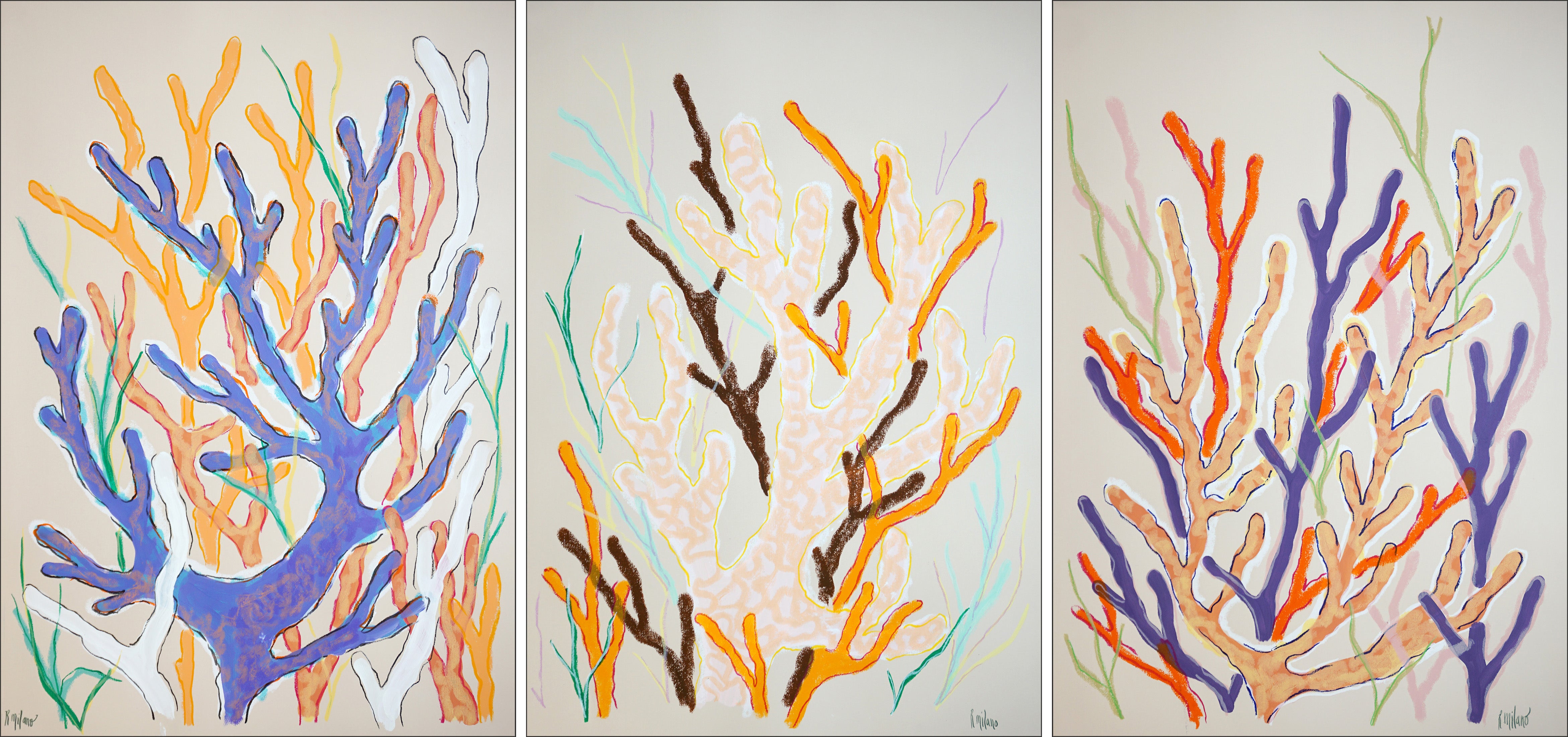 Romina Milano Landscape Painting - Neon Coral Garden, Illustration Style Branches Triptych, Figurative Seascape