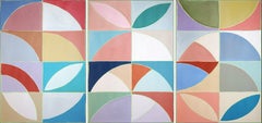 Geometric Minimalism Triptych, Modern Floral Axis, Pink Tones Abstract Shapes