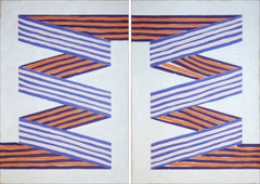 Purple Ribbon, Op Art Geometric Patterns in Soft Tones, Diptych Painting, Paper