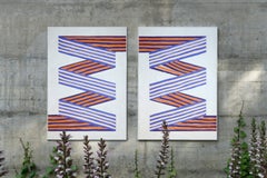 Purple Ribbon, Op Art Geometric Patterns in Soft Tones, Diptych Painting, Paper