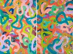 Gestual Abstraction, Colorful Seascape Diptych, Fish Patterns in Vivid Tones
