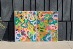 Gestual Abstraction, Colorful Seascape Diptych, Fish Patterns in Vivid Tones