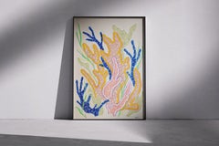 Cuerpos de coral, pintura de estilo naturalista en tonos pastel, naturaleza biomórfica