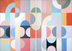 Celestial Bodies, Art Deco Diptych, Geometric Figures in Pastel Tones, Astronomy