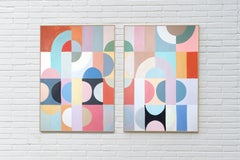 Celestial Bodies, Art Deco Diptych, Geometric Figures in Pastel Tones, Astronomy
