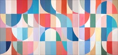 Reflective Whirlpool, Bauhaus Triptych Painting, Primary Vivid Tones, Modern