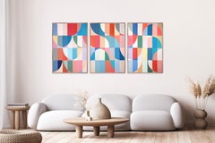 Reflective Whirlpool, Bauhaus Triptych Painting, Primary Vivid Tones, Modern
