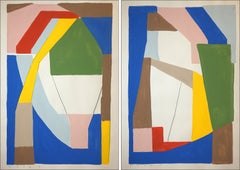 Figuras y equilibrios, díptico cubista abstracto, díptico de pintura moderna, papel