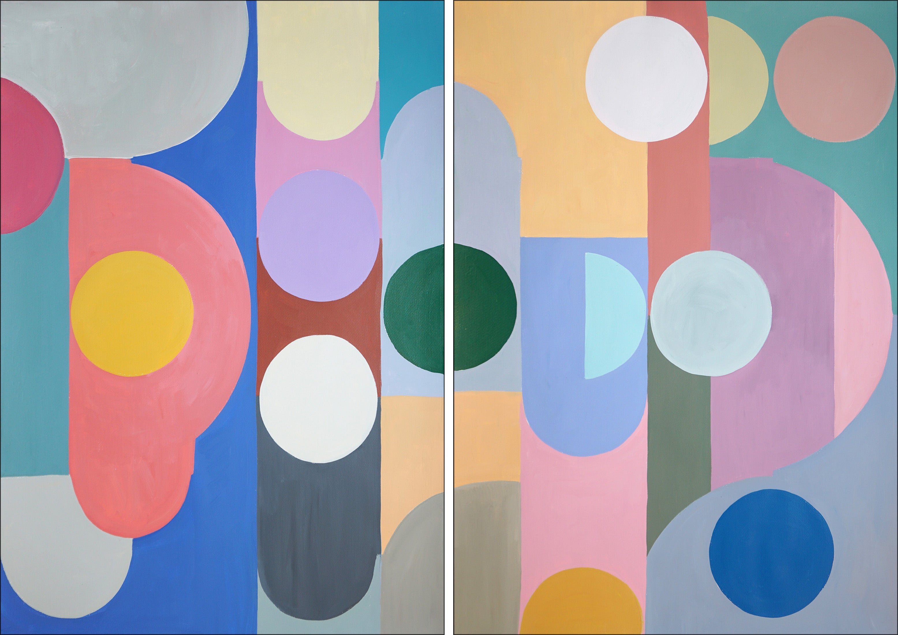 Natalia Roman Landscape Painting - Diagram Diptych in Vivid Tones, Imperial Art Deco Painting on Paper, Pink, Blue