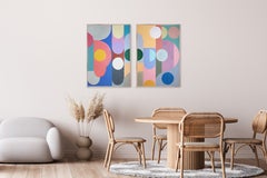 Diagram Diptych in Vivid Tones, Imperial Art Deco Painting on Paper, Pink, Blue