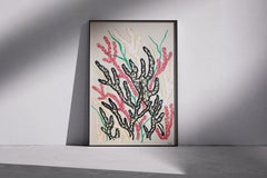 Marine Botany, Naturalistic Style Painting in Black and Pink, Biomorphic Coral