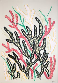 Botanique marine, peinture naturaliste en noir et rose, corail biomorphique