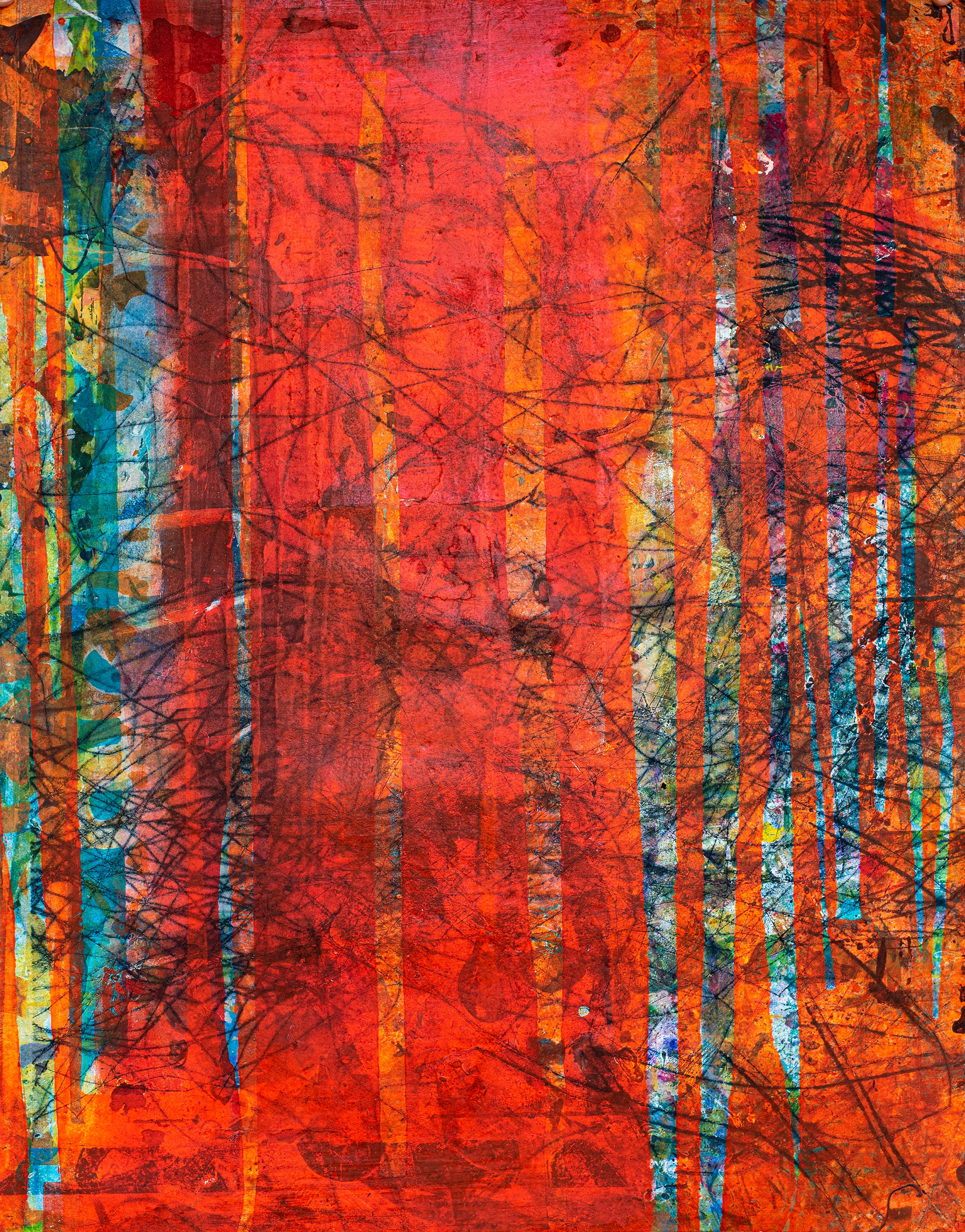 Red Codec, Abstract Painting, Blue and Yellow Layers, Acrylic Paint on Paper