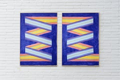 Zweiteiliges Gemälde mit Regenbogenbanner, Op-Art-Acryl auf Aquarellpapier