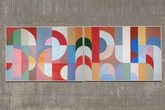Jewel Bloom, Art Deco Horizontal Diptych, Red Patterns, Op Art Geometry on Paper