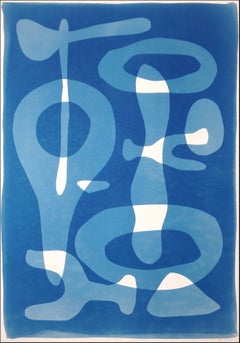Domestic Mobile, Stone Tools Shapes, White and Blue, Minimal Cyanotype Monotype