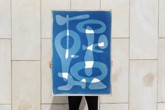 Domestic Mobile, Stone Tools Shapes, White and Blue, Minimal Cyanotype Monotype