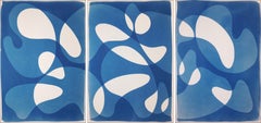 Blue Floating Mobile, Handmade Monotype Cyanotype Triptych, Abstract Modern