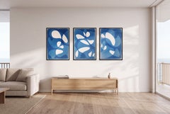 Blue Floating Mobile, Handmade Monotype Cyanotype Triptych, Abstract Modern