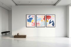 Mobile Shapes on Pink, Mid Century Style Triptych, Organic Floating Forms, Blue