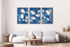 Mobile bleu flottant, triptyque cyanotype monotype réalisé à la main, art moderne abstrait