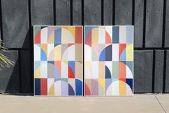 Gilded Bloom, dittico moderno in stile Bauhaus, dipinto originale su carta, oro e blu