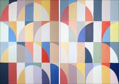 Gilded Bloom, dittico moderno in stile Bauhaus, dipinto originale su carta, oro e blu