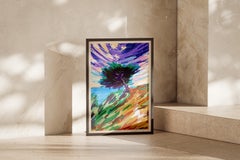 Costa con un árbol, paisaje expresionista abstracto, gestos enérgicos en verde