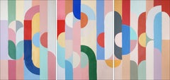 Art Deco Destiny, Pastel Tones Bauhaus Painting Triptych, Geometric Astronomy