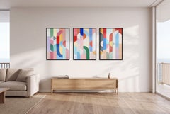 Art Deco Destiny, Pastel Tones Bauhaus Painting Triptych, Geometric Astronomy