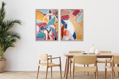 «Soñando en mandarina», paisaje expresionista abstracto, díptico pintado al pastel