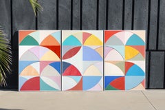 Colorful Ball of Wool, Bauhaus Geometric Triptych, Vivid Tones Abstract Shapes