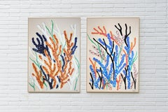 Organic Coral Garden, Earth Tones Branches, Blue Tones, Biomorphic Diptych