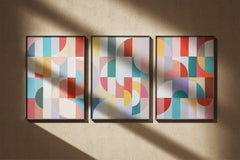 Art Deco Gem Maze, Vivid Tones Bauhaus Triptych, Geometric Transitions on Paper