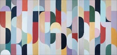 Rain Drops on Rose Window, Colorful Triptych Bauhaus Patterns, Art Deco Pastel