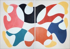 Primary Modern Curves, Avant-Garde Organic Diptych, Floating Shapes on Paper