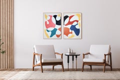 Primary Modern Curves, Avant-Garde Organic Diptych, Floating Shapes on Paper