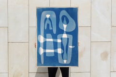 Living Balance, Modern Mobile Forms, White and Blue, Minimal Cyanotype Monotype